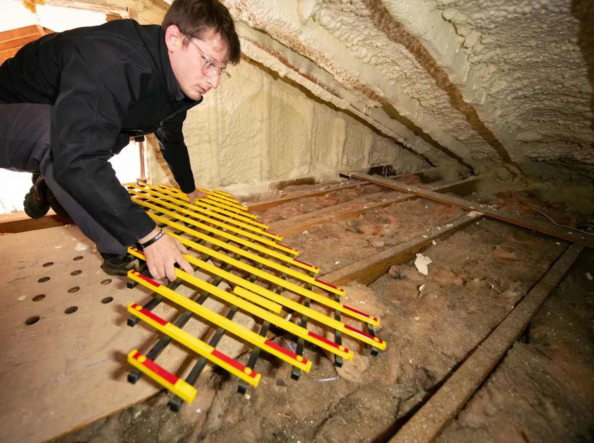Roof Leak Repair in Monroe Township — a man inspecting an attic floor between the rafters